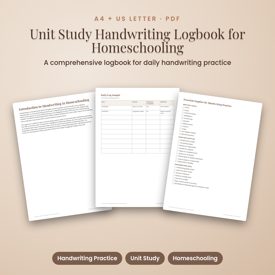 Unit Study Handwriting Logbook for Homeschooling