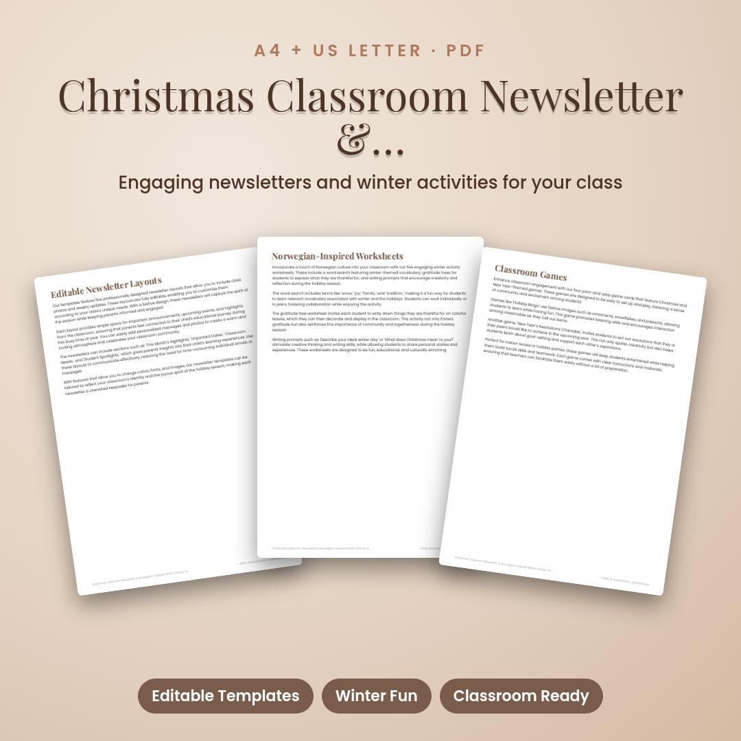 Christmas Classroom Newsletter &amp; Norwegian-Inspired Winter Activity Templates