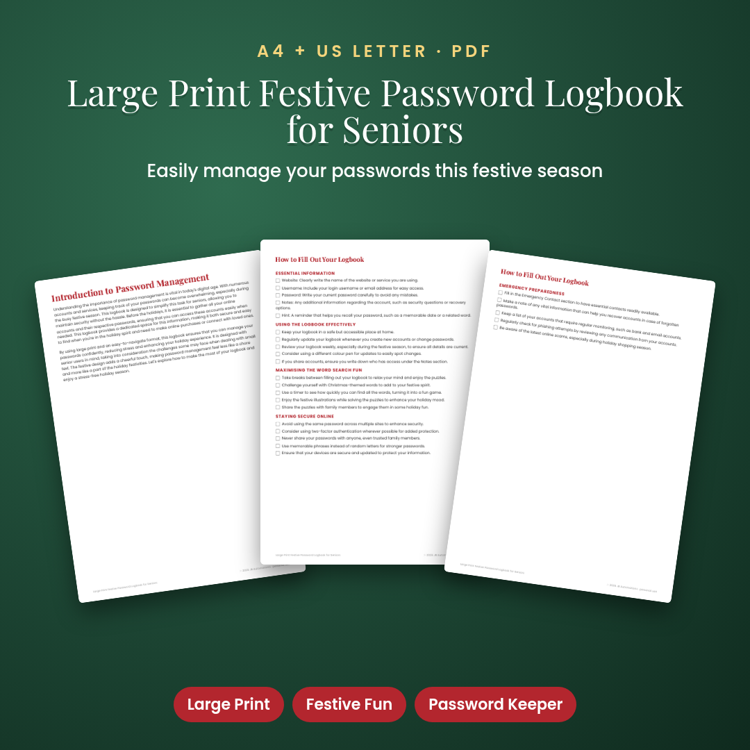 Large Print Festive Password Logbook for Seniors