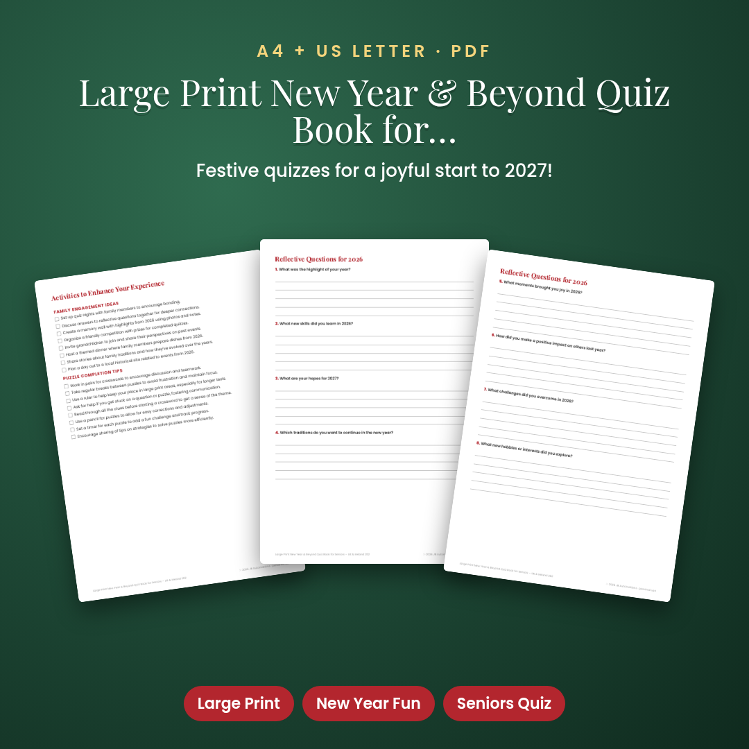 Large Print New Year &amp; Beyond Quiz Book for Seniors – UK &amp; Ireland 2027