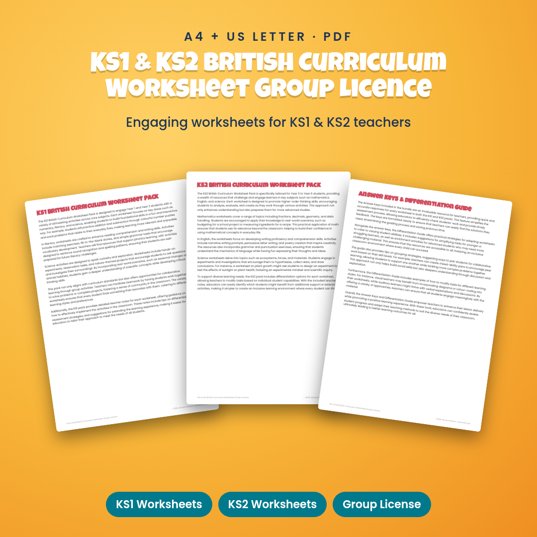 KS1 &amp; KS2 British Curriculum Worksheet Group Licence