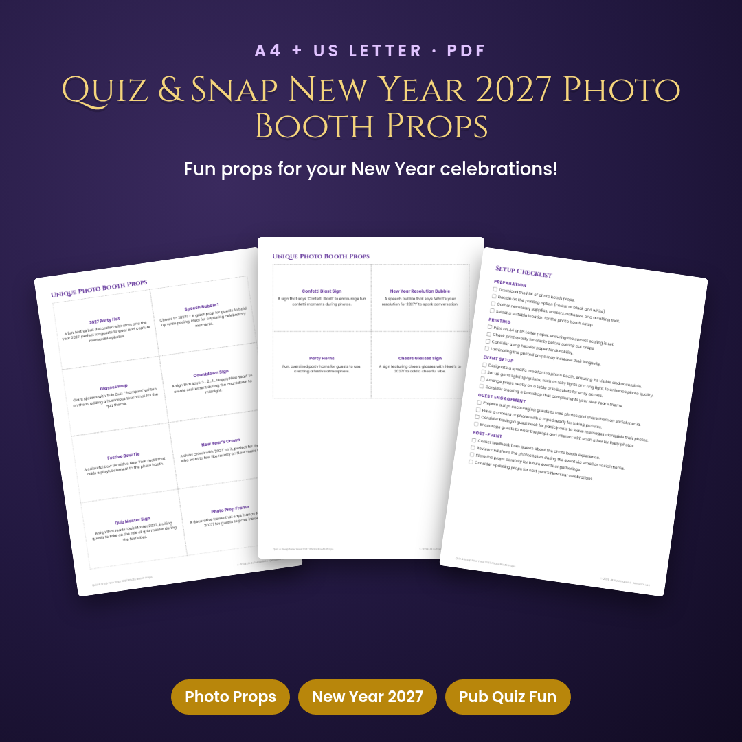 Quiz &amp; Snap New Year 2027 Photo Booth Props