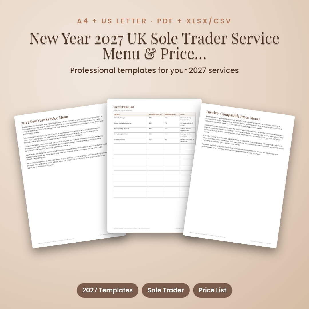 New Year 2027 UK Sole Trader Service Menu &amp; Price List Templates