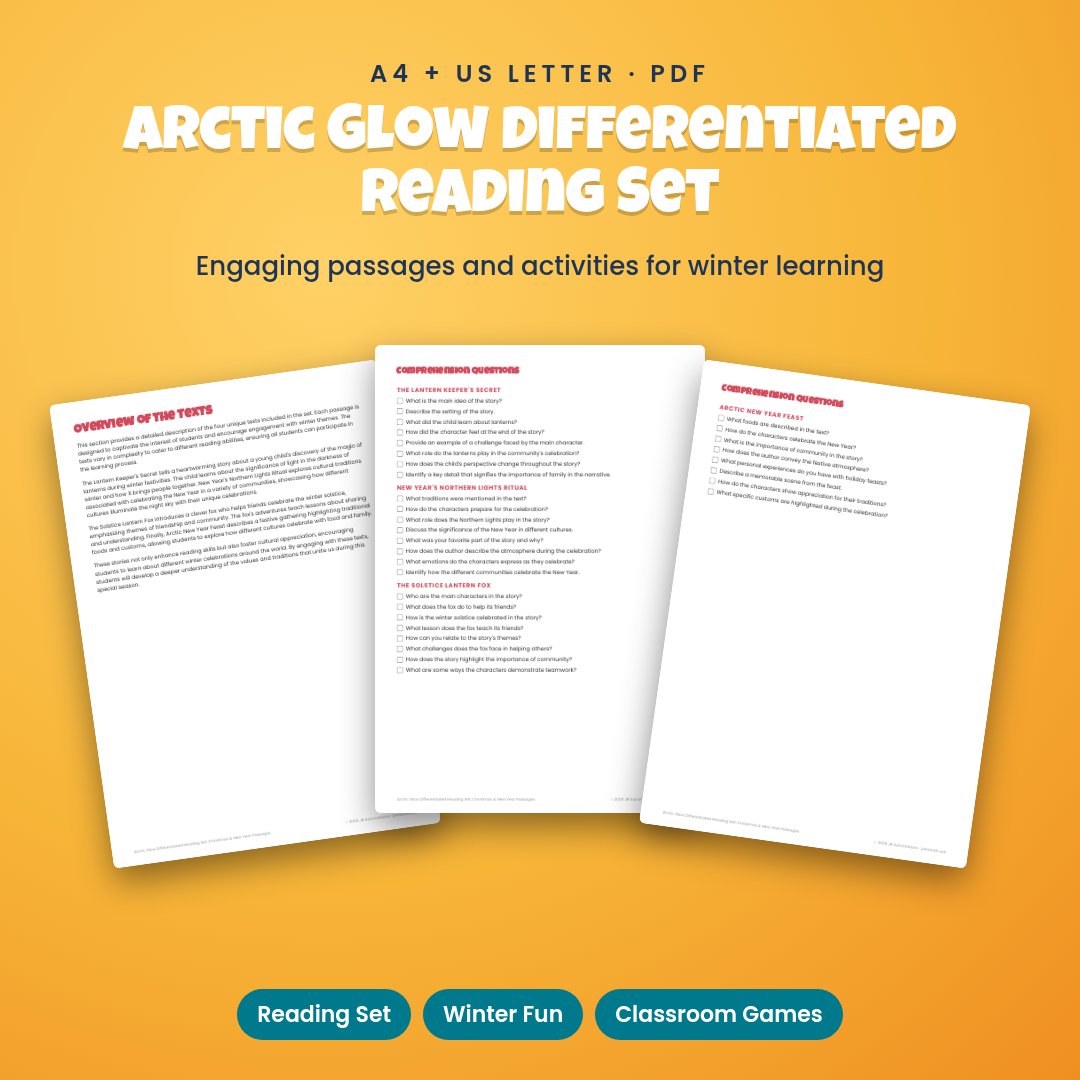 Arctic Glow Differentiated Reading Set: Christmas &amp; New Year Passages with Winter Activities for Grades 3-6