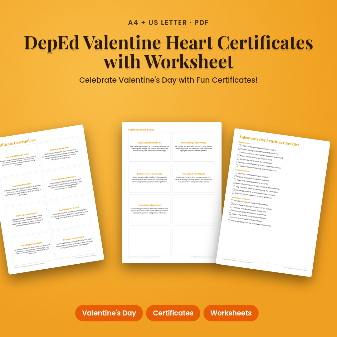 DepEd Valentine Heart Certificates with Worksheet