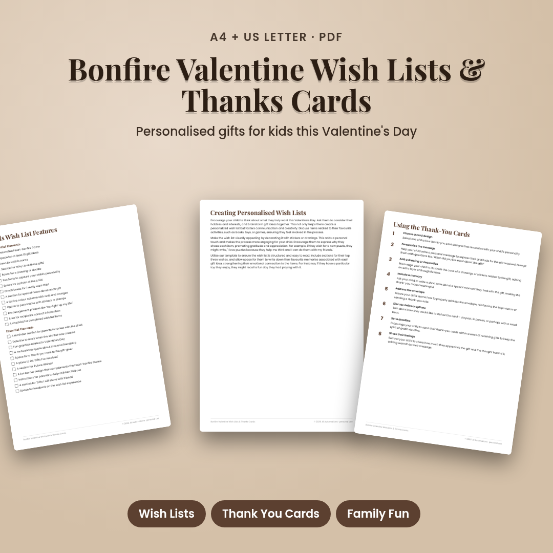 Bonfire Valentine Wish Lists &amp; Thanks Cards