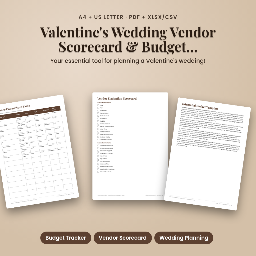 Valentine's Wedding Vendor Scorecard & Budget Tracker
