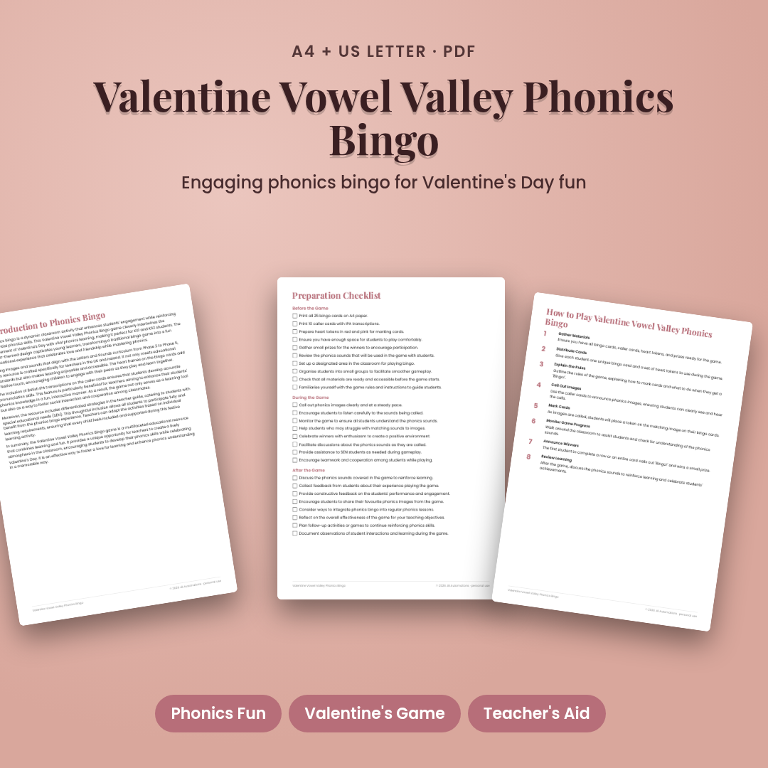 Valentine Vowel Valley Phonics Bingo