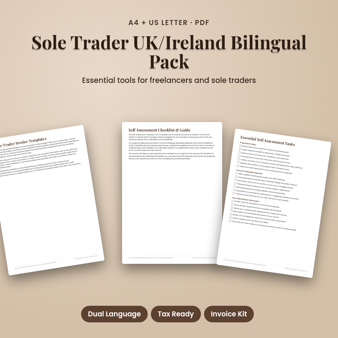 Sole Trader UK/Ireland Bilingual Pack (Invoice Templates & Self Assessment Kit)