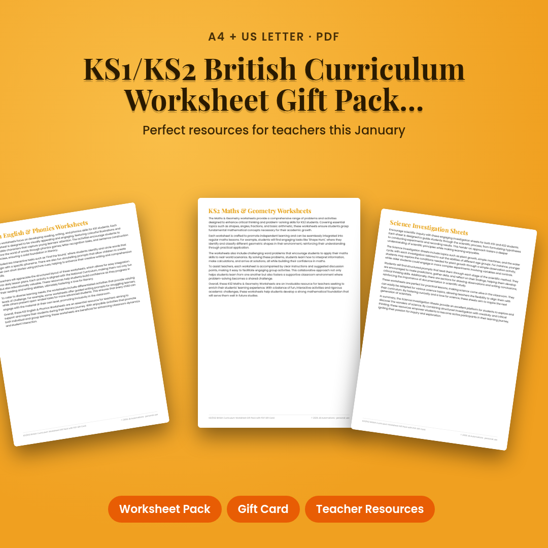 KS1/KS2 British Curriculum Worksheet Gift Pack with PDF Gift Card