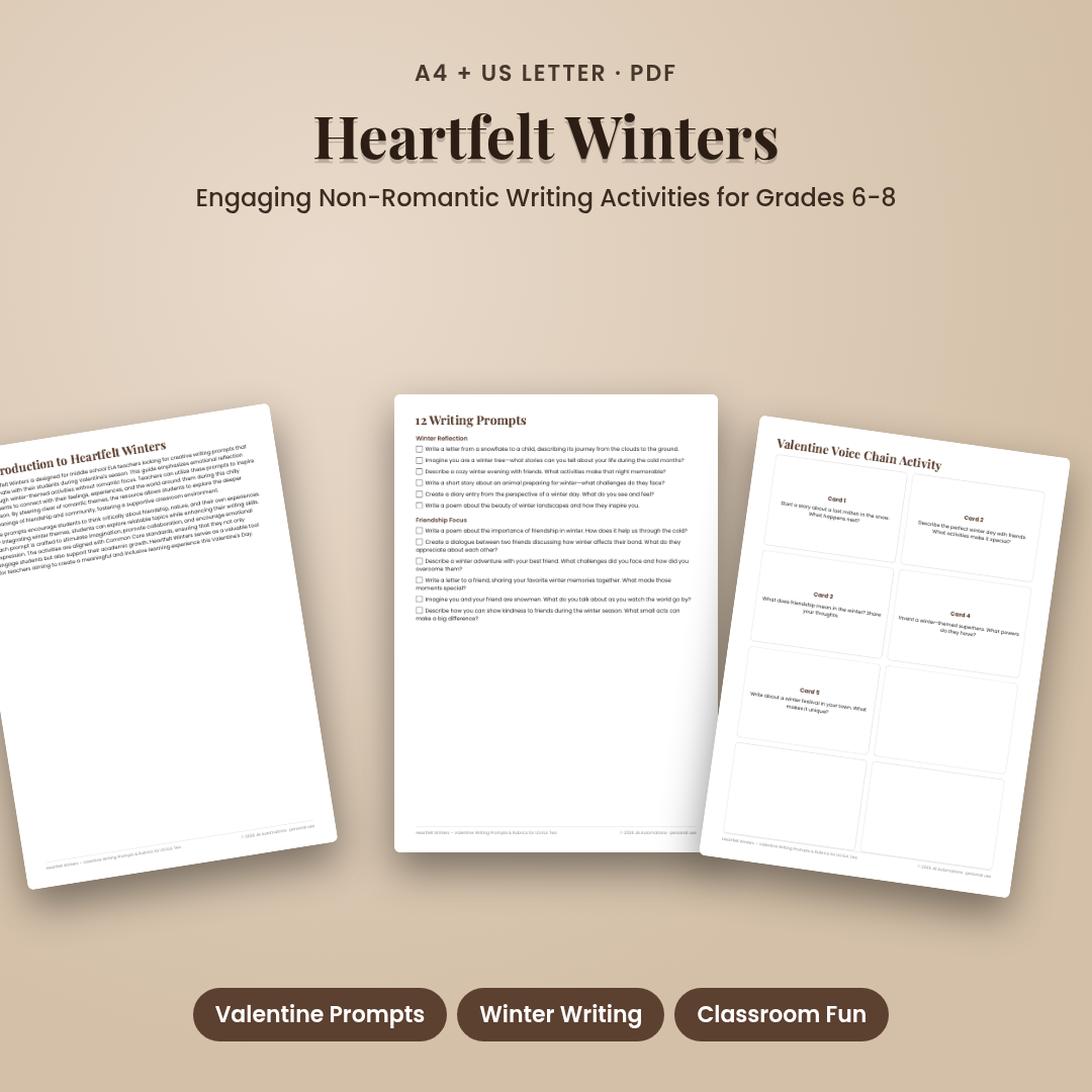 Heartfelt Winters – Valentine Writing Prompts & Rubrics for US ELA Teachers