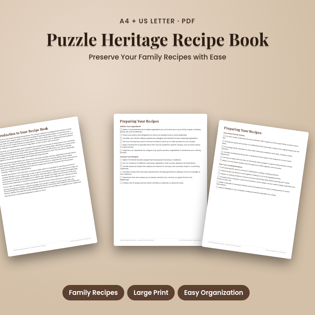 Puzzle Heritage Recipe Book – Large Print Family Template