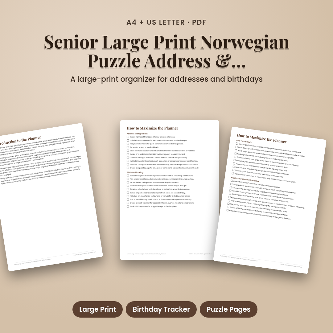 Senior Large Print Norwegian Puzzle Address & Birthday Planner