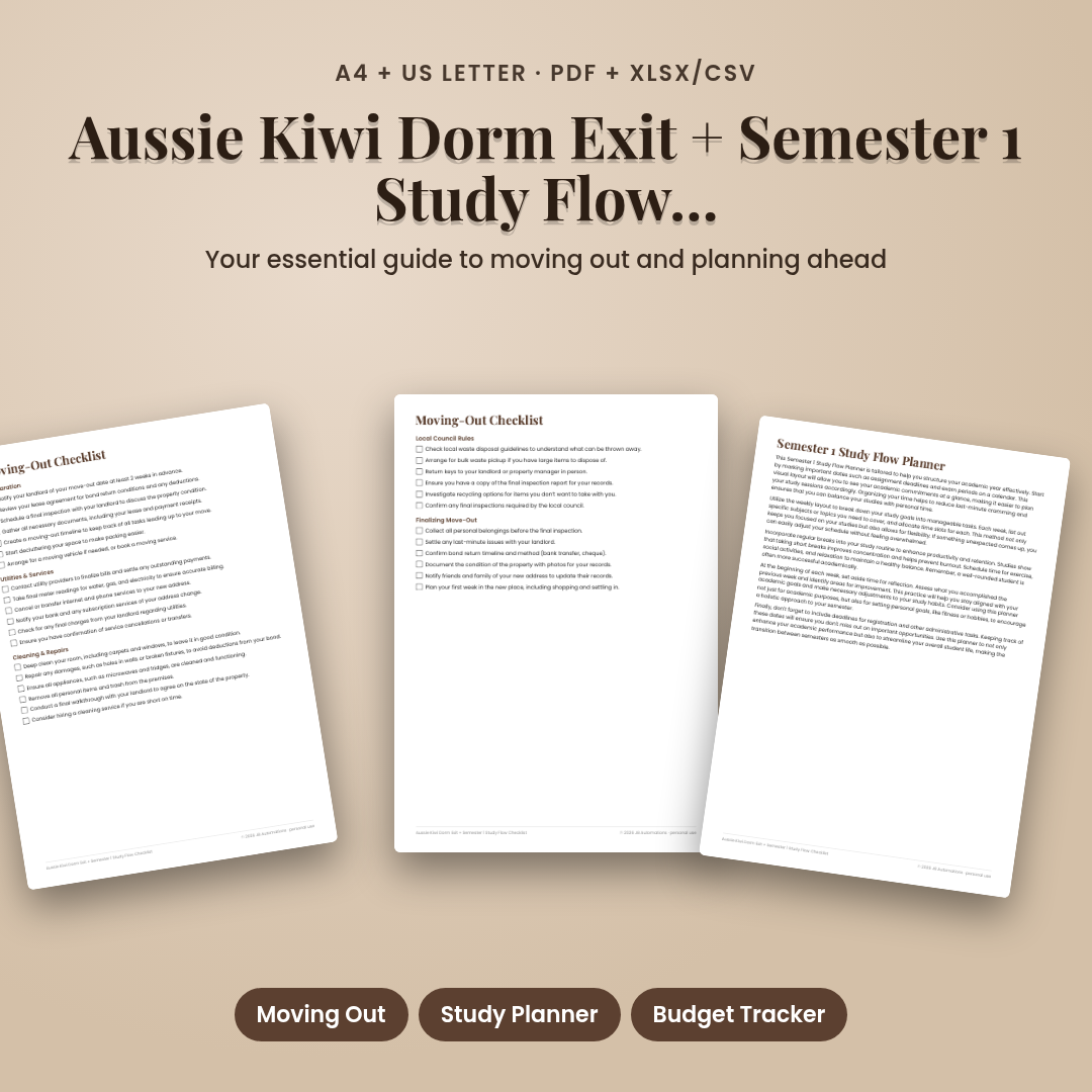 Aussie Kiwi Dorm Exit + Semester 1 Study Flow Checklist
