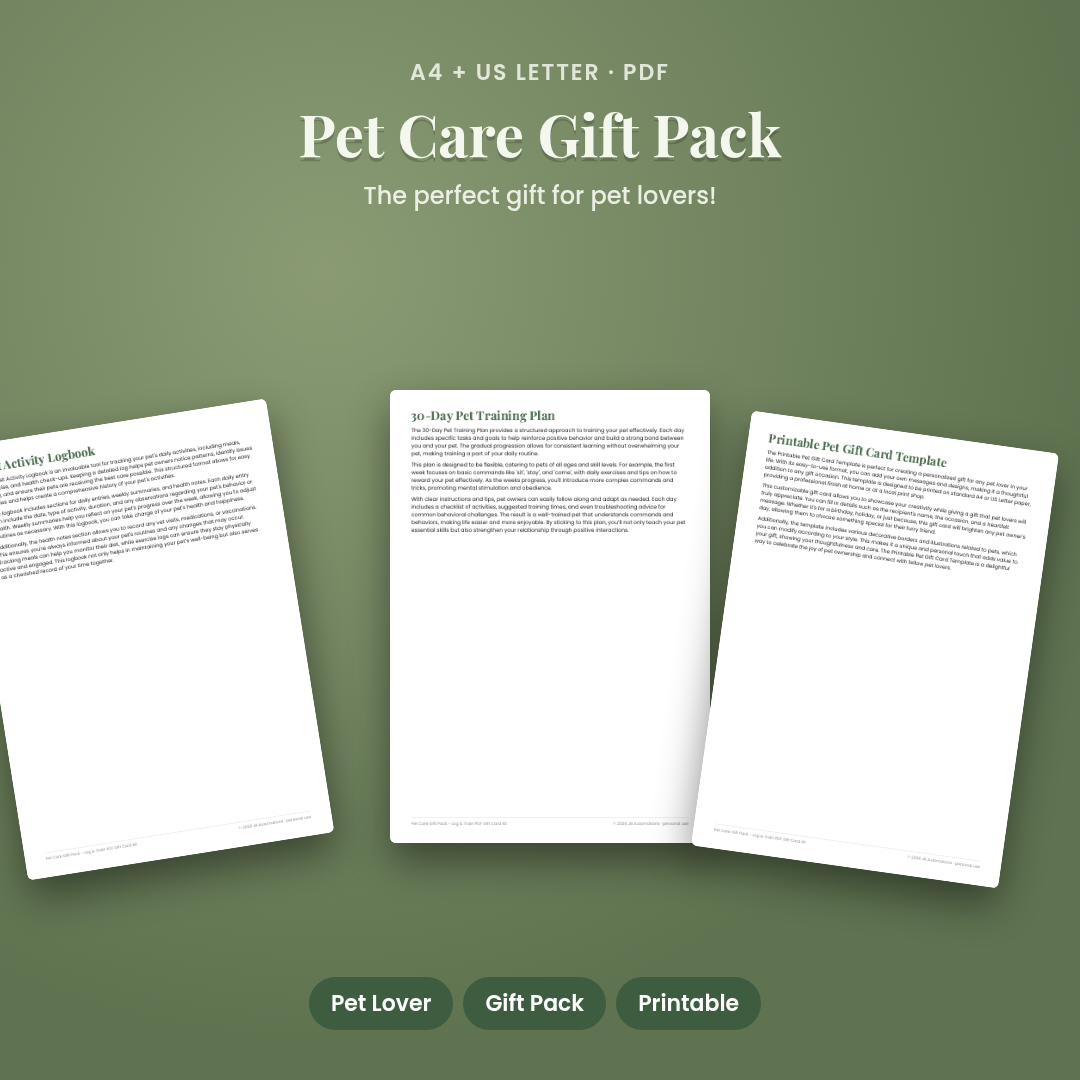 Pet Care Gift Pack - Log &amp; Train PDF Gift Card Kit