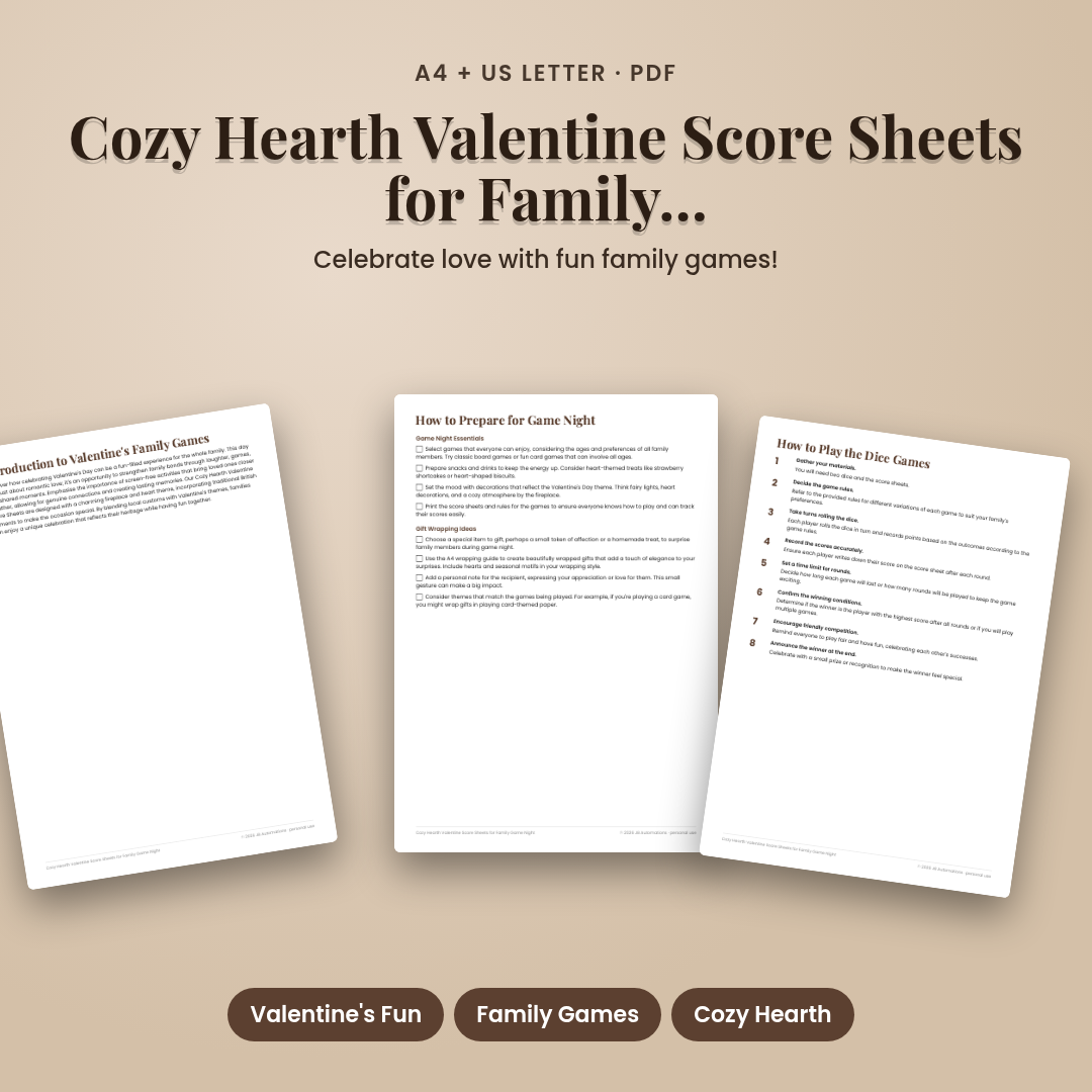 Cozy Hearth Valentine Score Sheets for Family Game Night