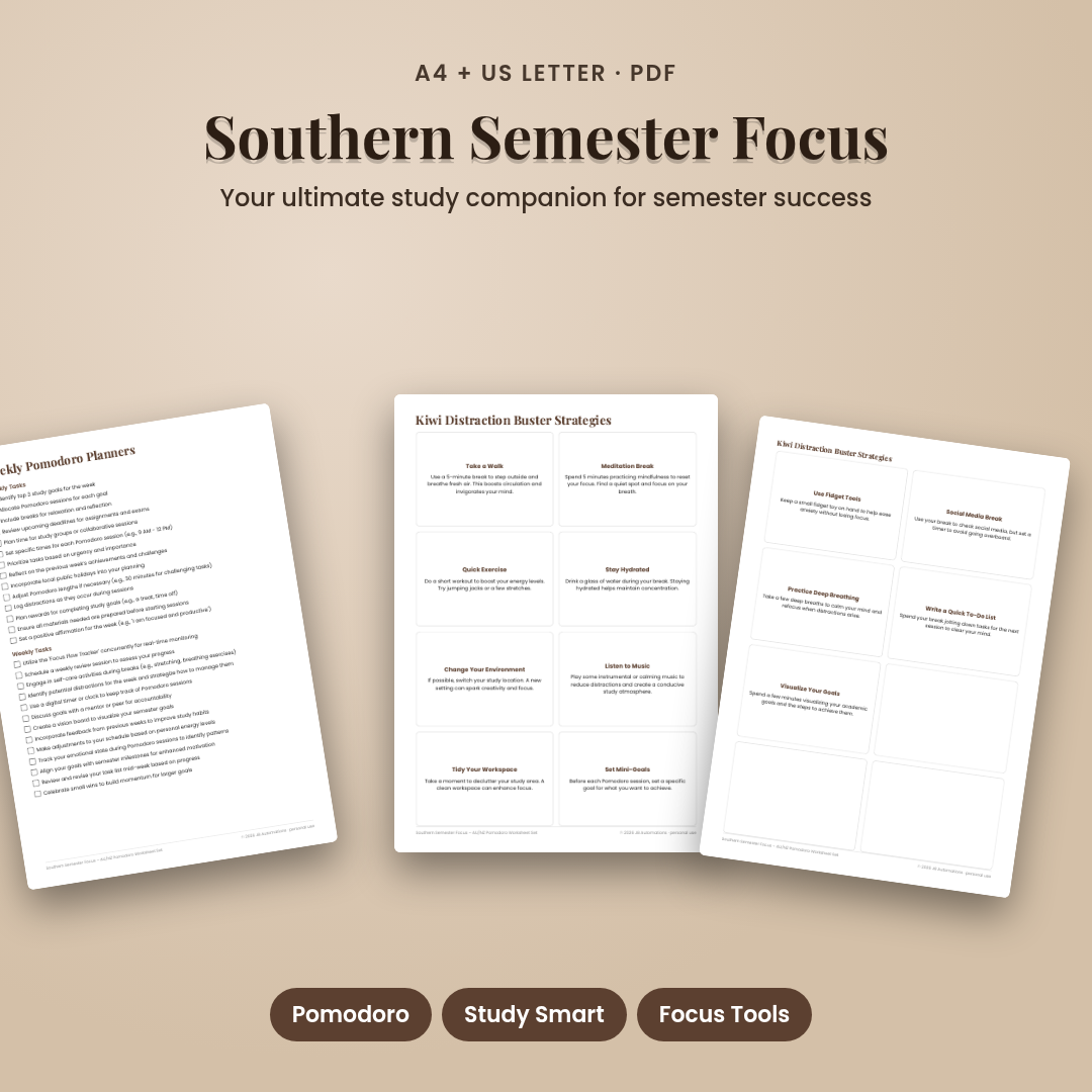 Southern Semester Focus – AU/NZ Pomodoro Worksheet Set