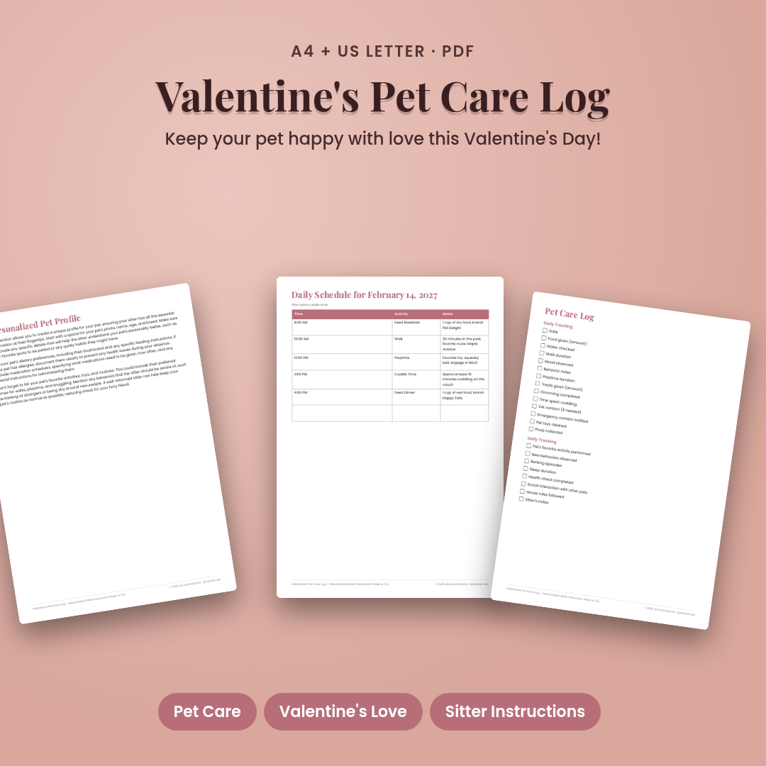 Valentine's Pet Care Log – Personalized Sitter Instruction Sheet & Training Planner