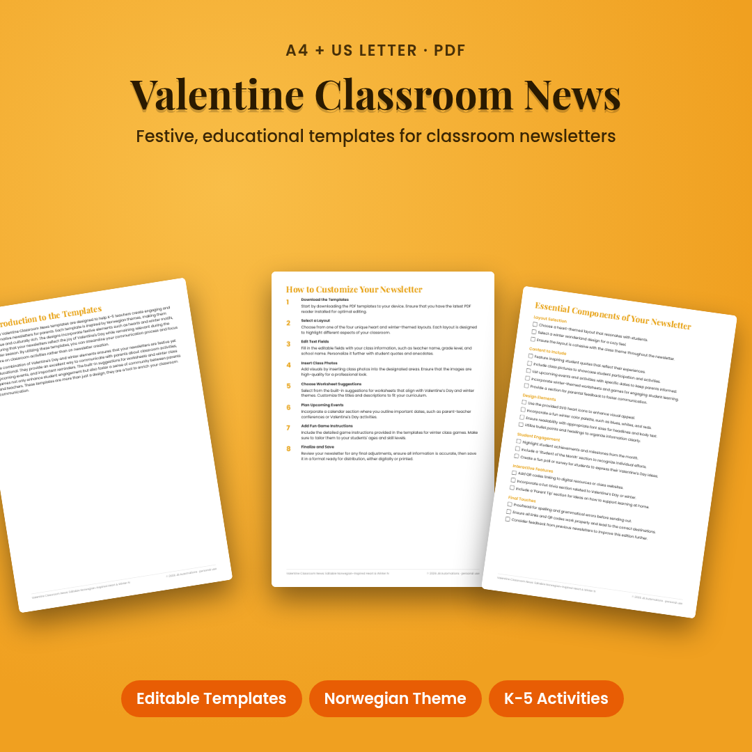 Valentine Classroom News: Editable Norwegian-Inspired Heart & Winter Newsletter Templates