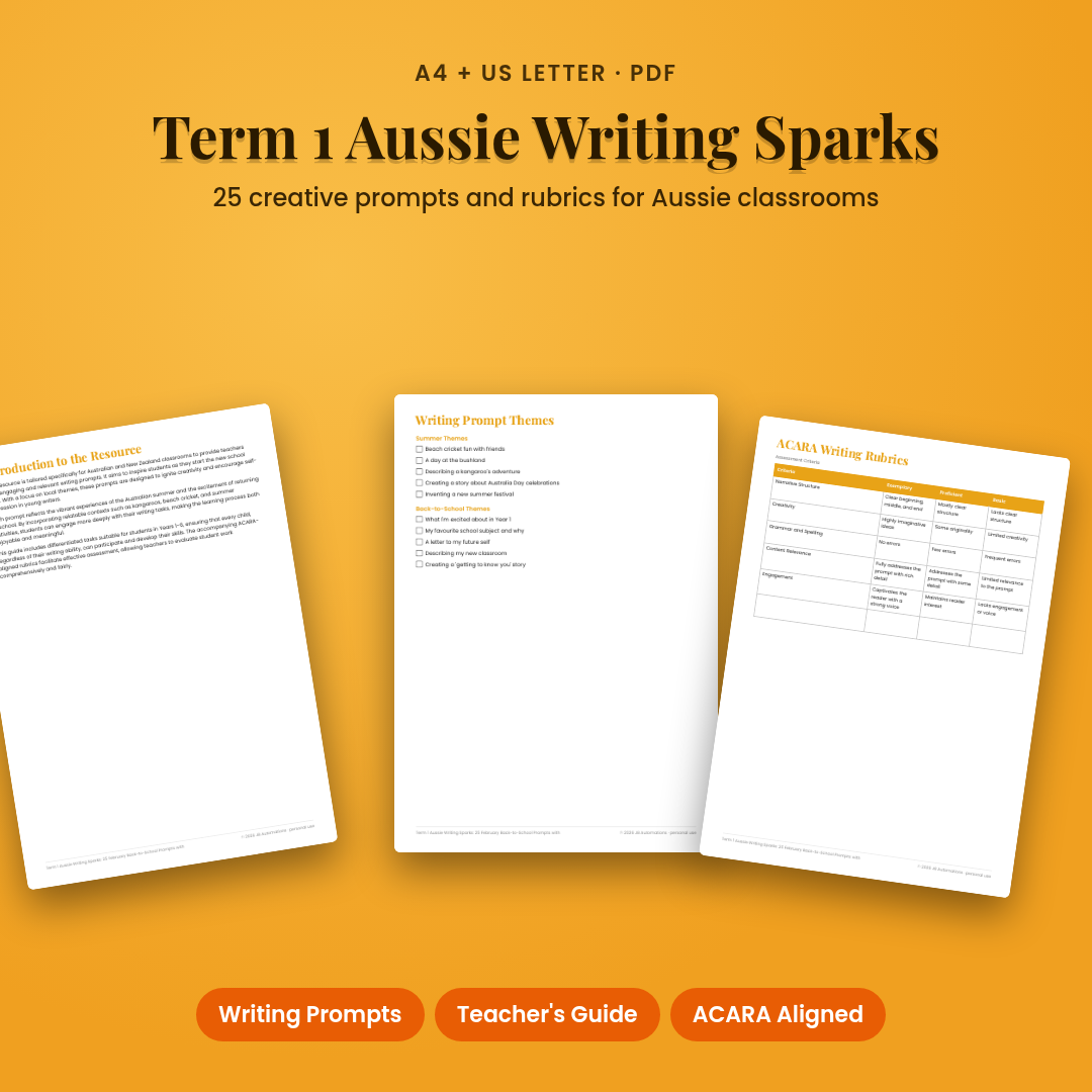 Term 1 Aussie Writing Sparks: 25 February Back-to-School Prompts with ACARA Rubrics (Year 1-6)
