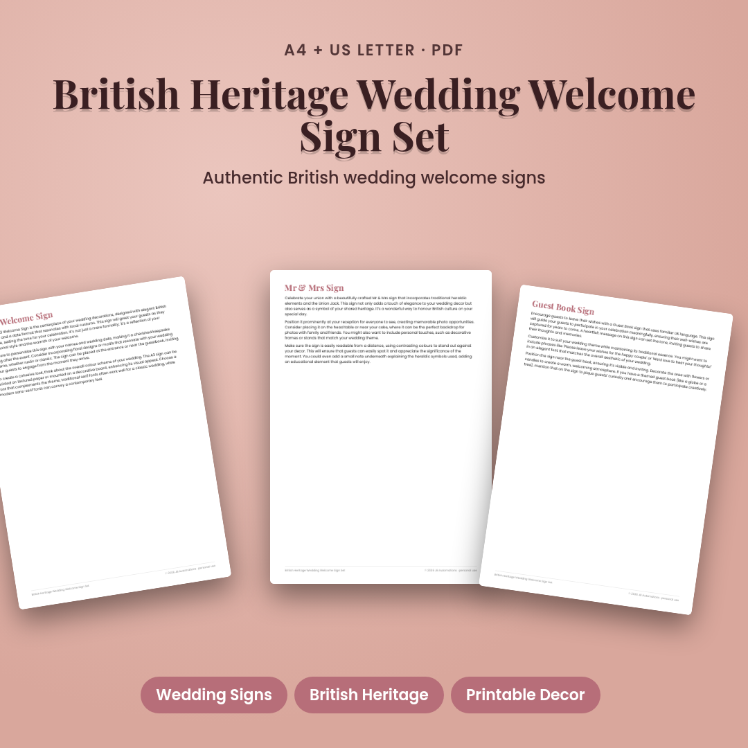 British Heritage Wedding Welcome Sign Set