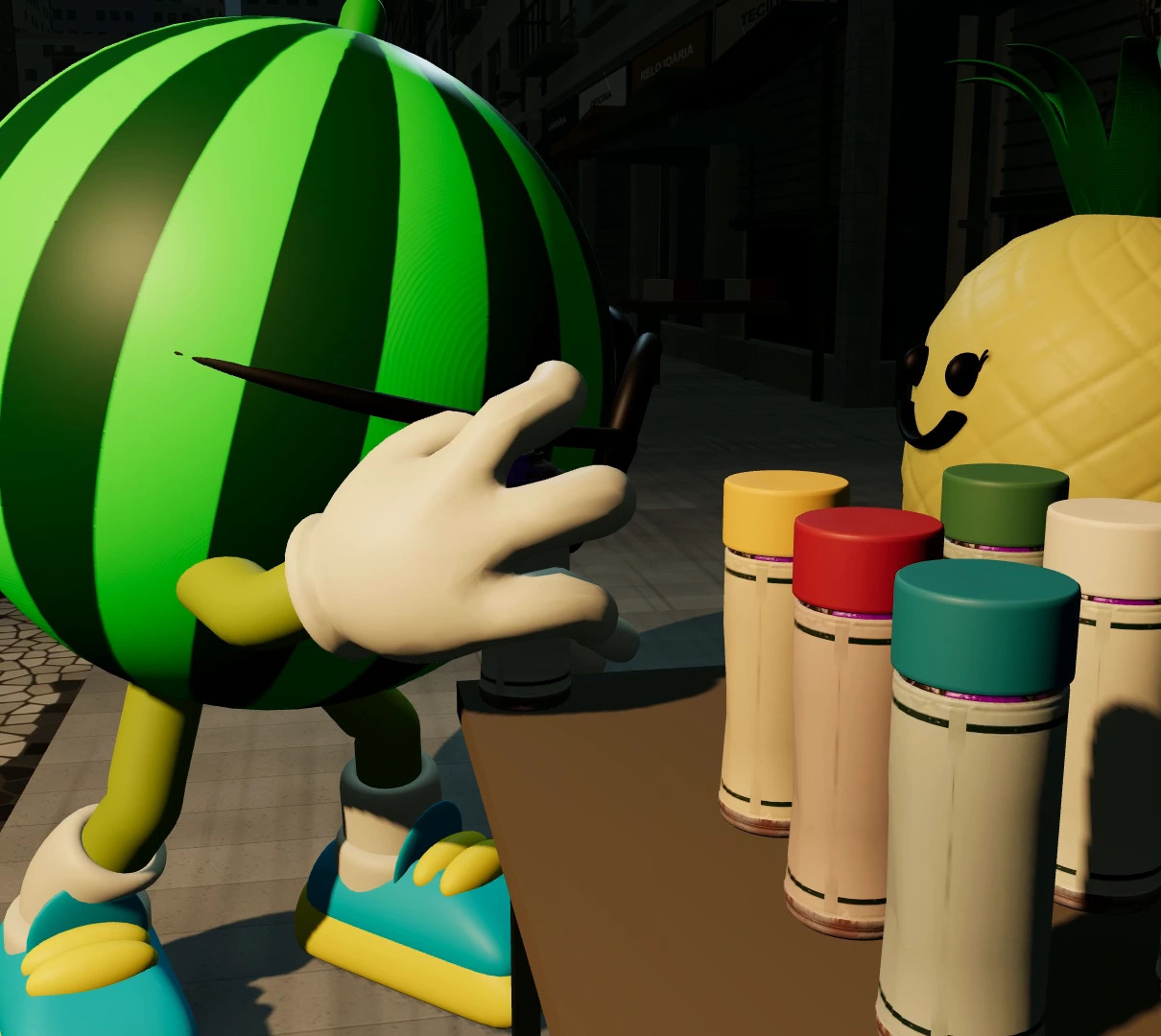 WELO reaches toward a table of colorful spray cans while AXI watches during their São Paulo encounter.