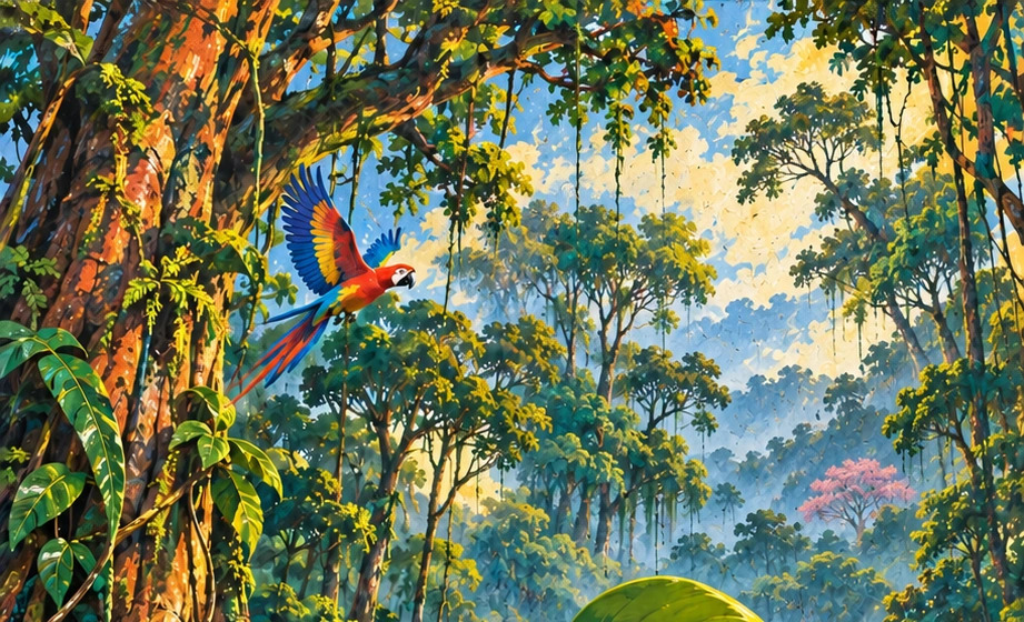 A small pink-leaved tree appears among distant green rainforest canopies in the approved painted mural.