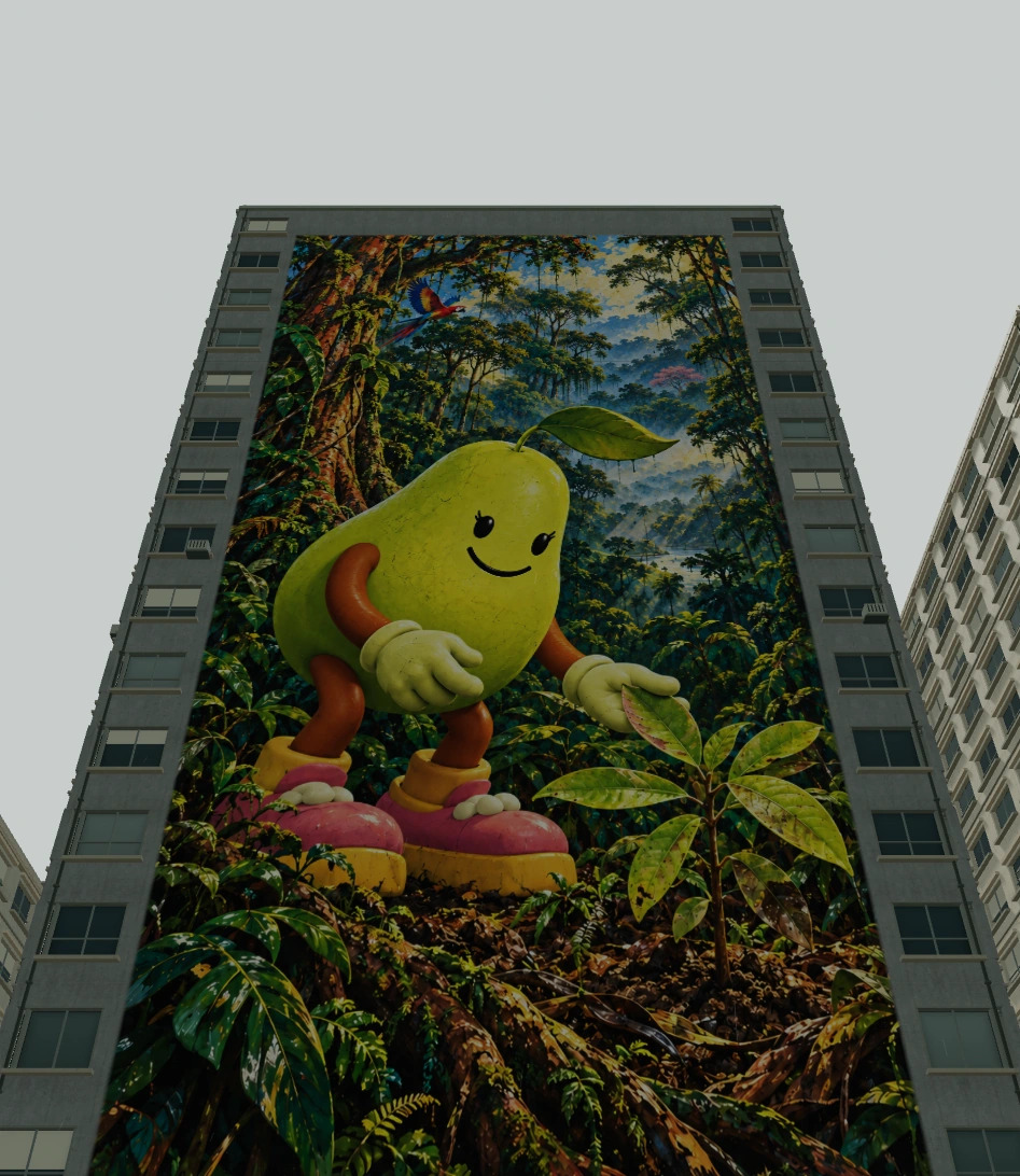 PEPE studies a leaf in a monumental rainforest mural, framed by two narrow columns of windows on a São Paulo building.
