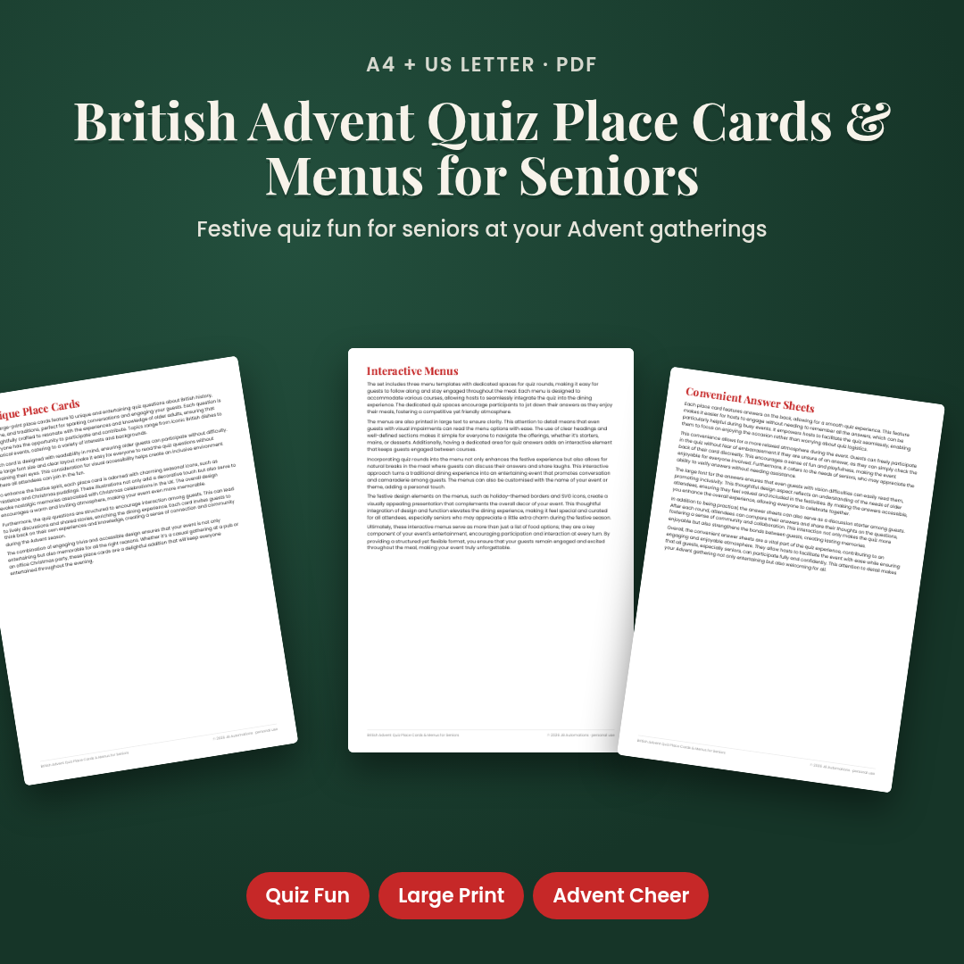 British Advent Quiz Place Cards & Menus for Seniors