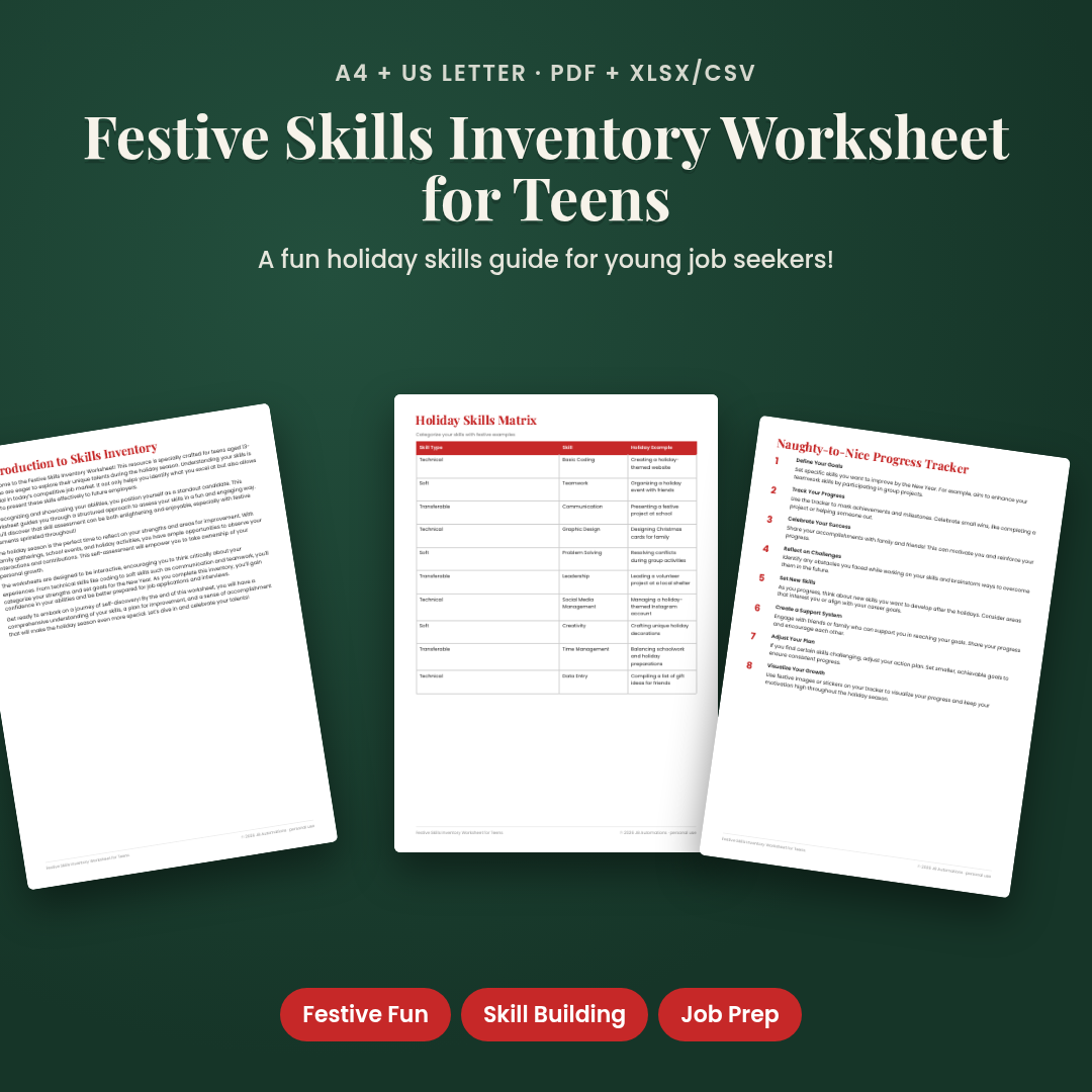 Festive Skills Inventory Worksheet for Teens