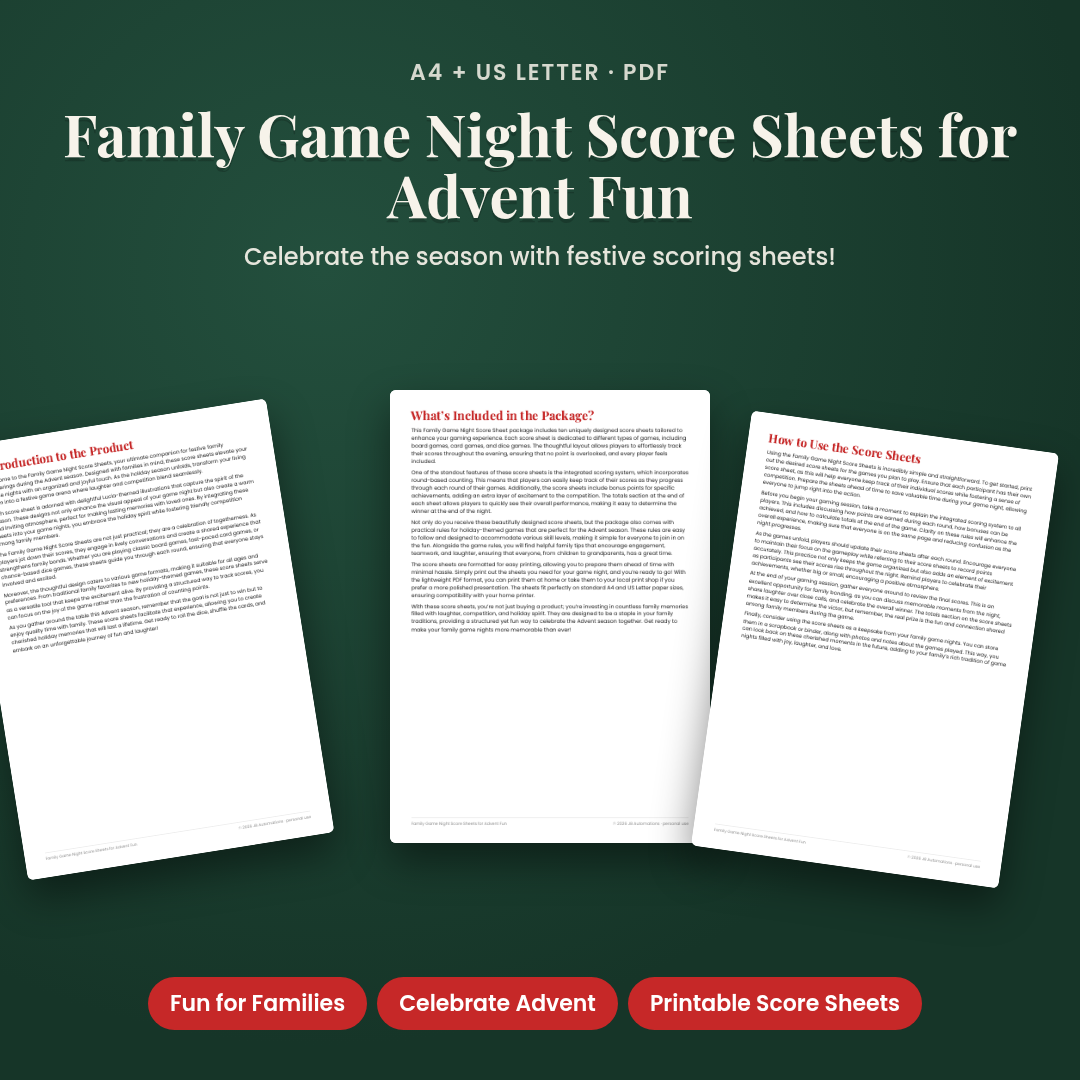 Family Game Night Score Sheets for Advent Fun