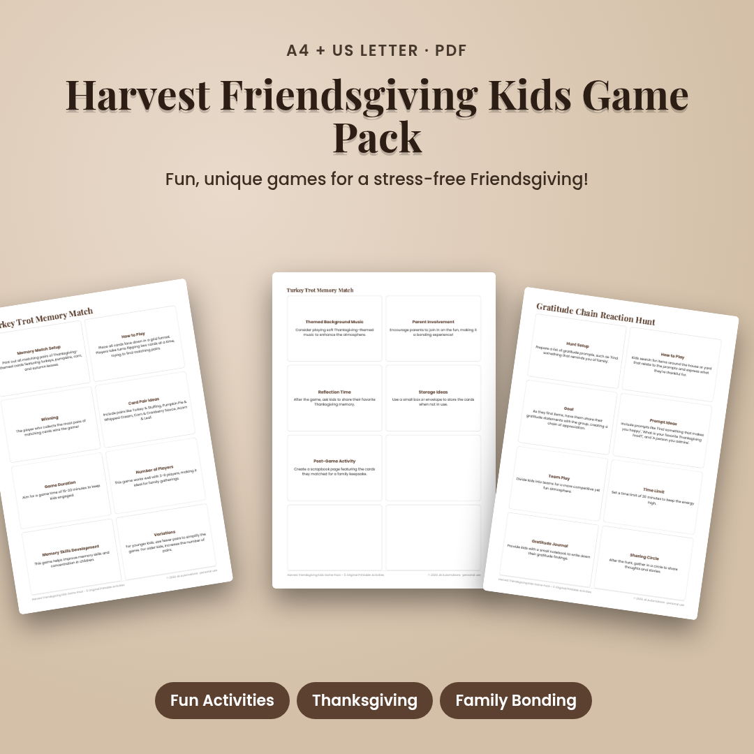 Harvest Friendsgiving Kids Game Pack – 5 Original Printable Activities for Busy Single Parents
