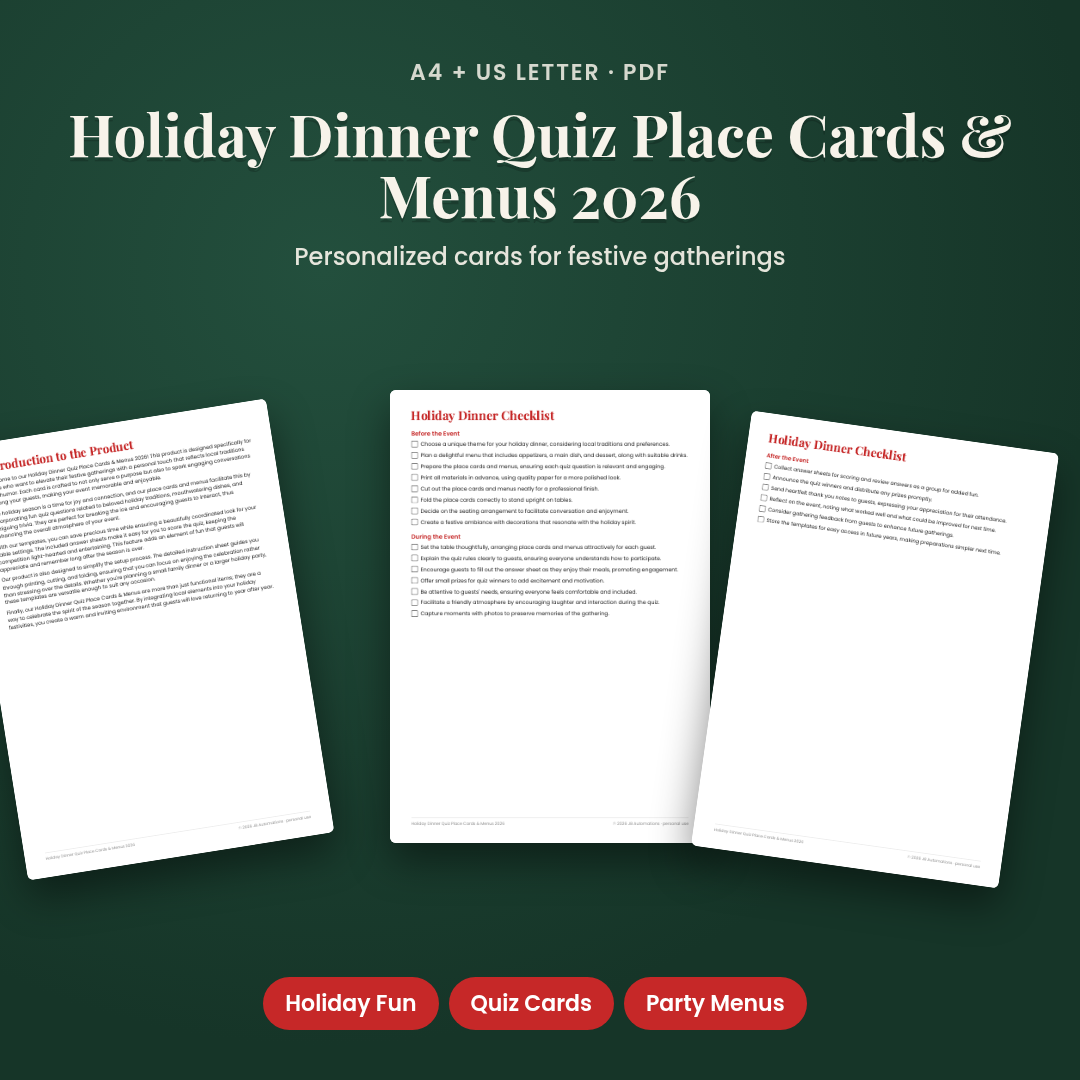 Holiday Dinner Quiz Place Cards &amp; Menus 2026