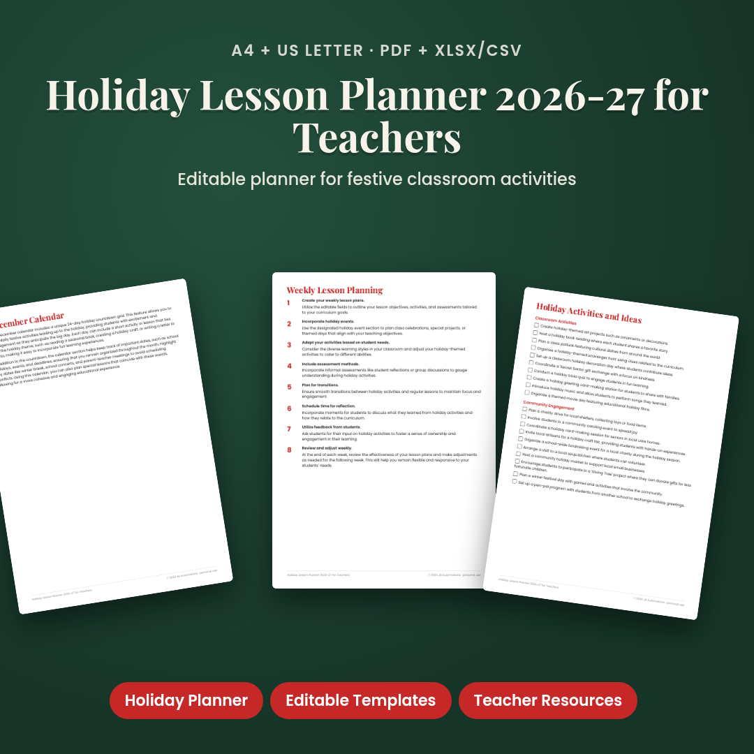 Holiday Lesson Planner 2026-27 for Teachers