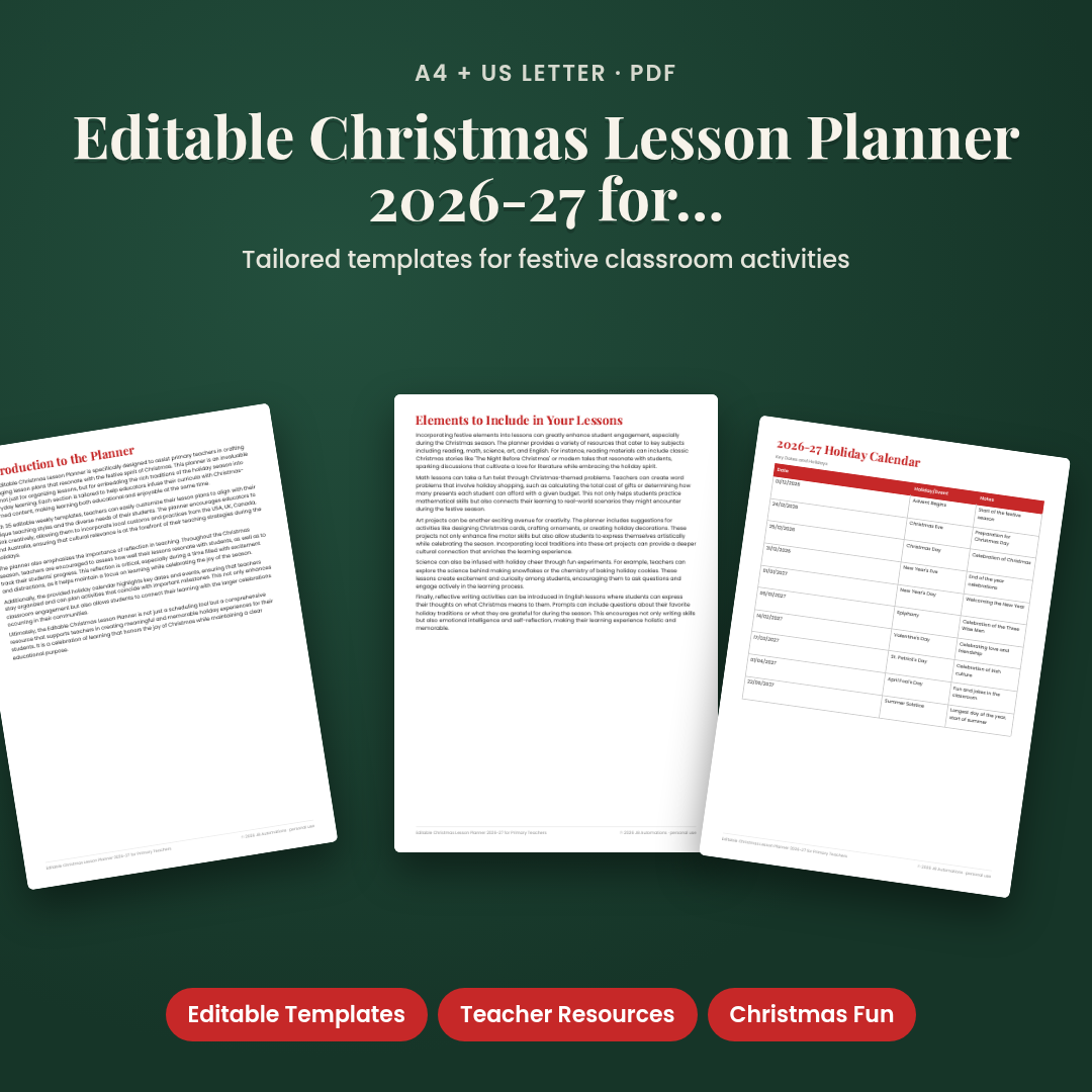 Editable Christmas Lesson Planner 2026-27 for Primary Teachers