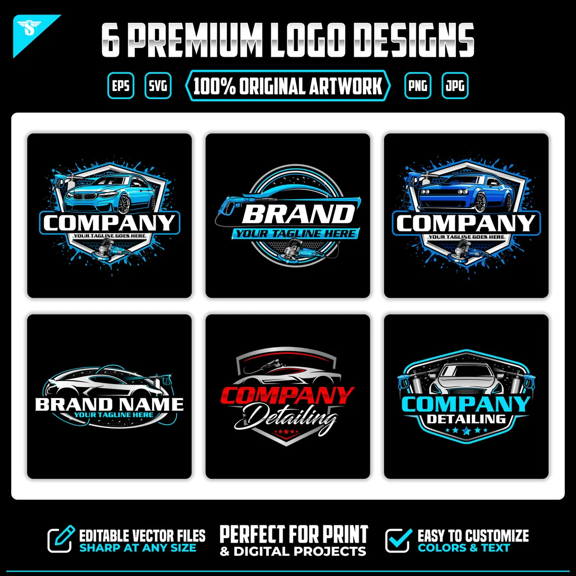 Download 6 hand-crafted car detailing vector logos. Editable SVG, EPS, PNG and JPG designs for car wash, mobile detailing and automotive business branding.