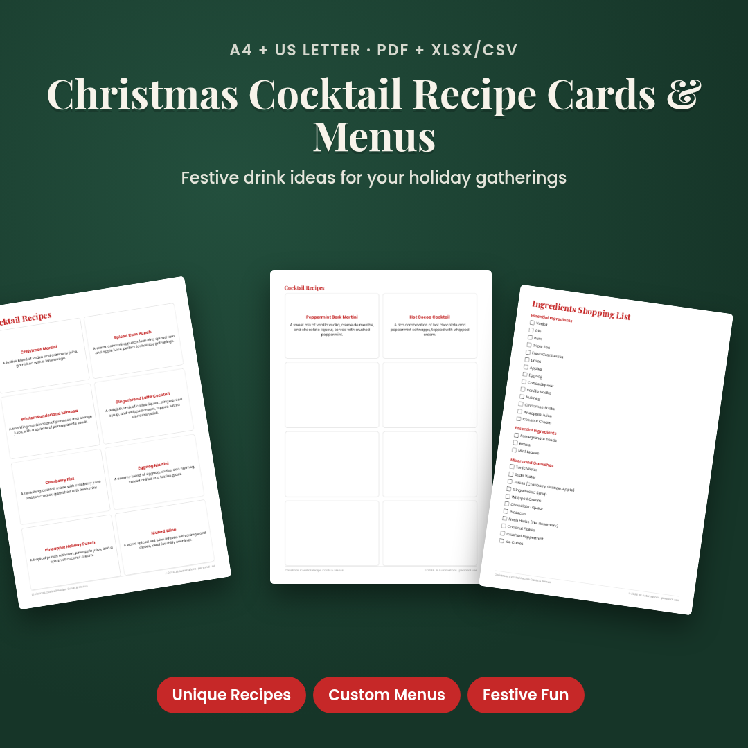Christmas Cocktail Recipe Cards & Menus