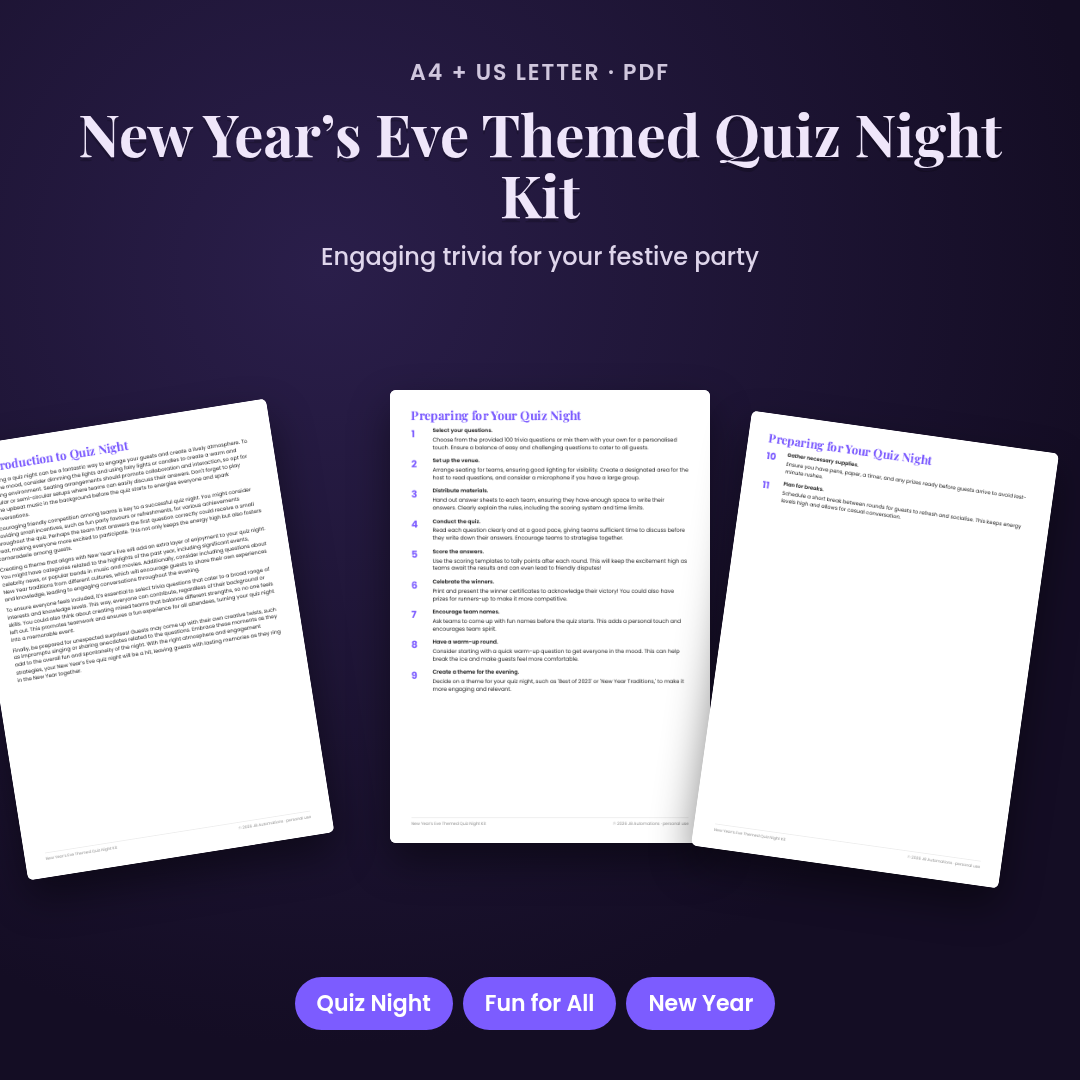 New Year’s Eve Themed Quiz Night Kit