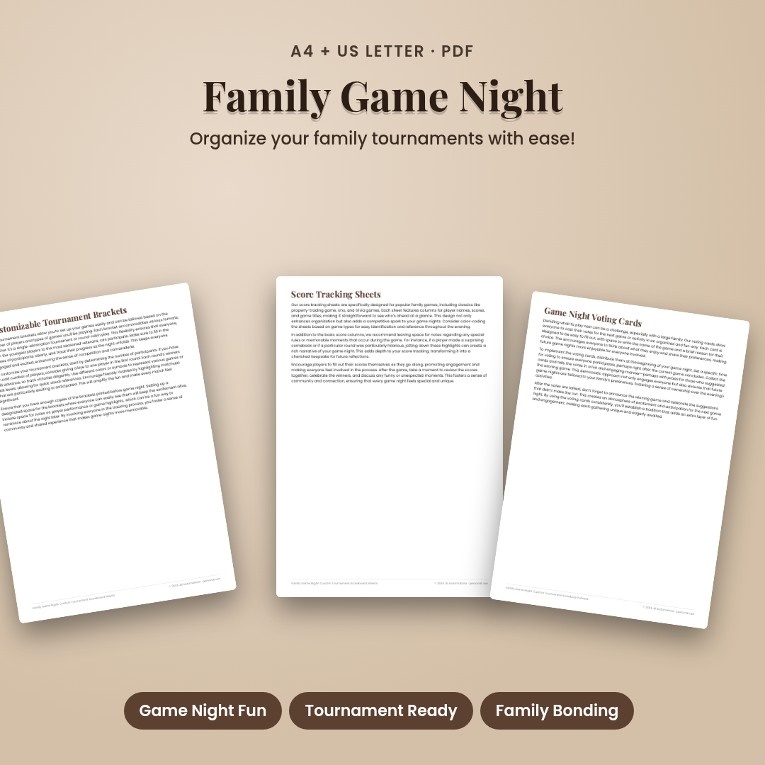 Family Game Night: Custom Tournament Scoreboard Sheets