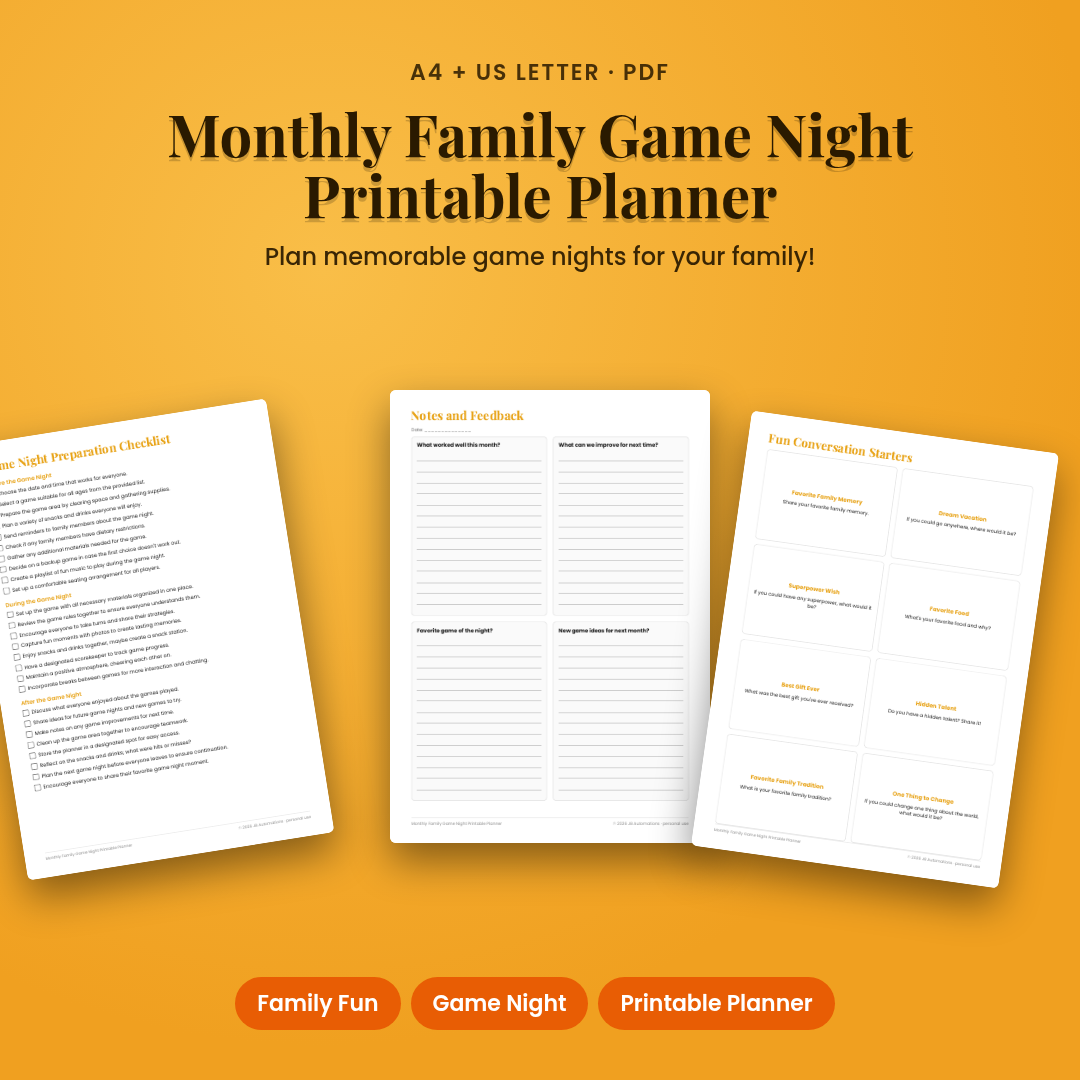 Monthly Family Game Night Printable Planner