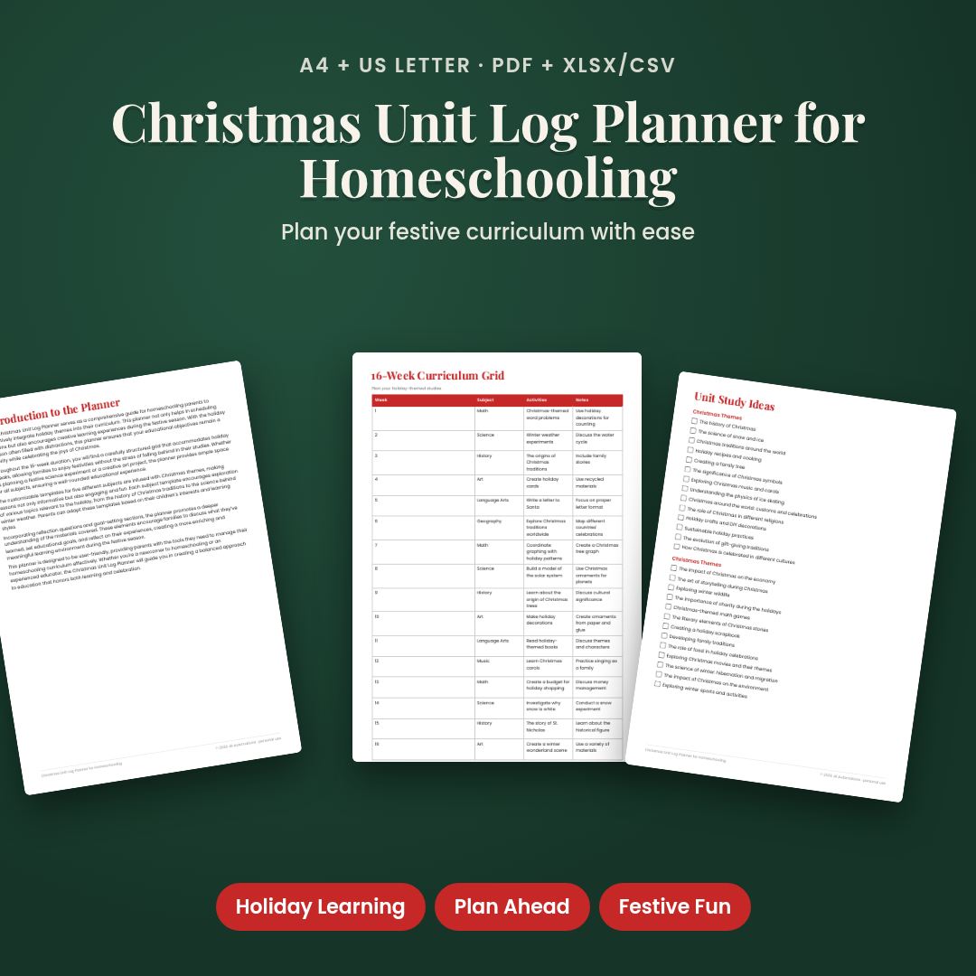 Christmas Unit Log Planner for Homeschooling