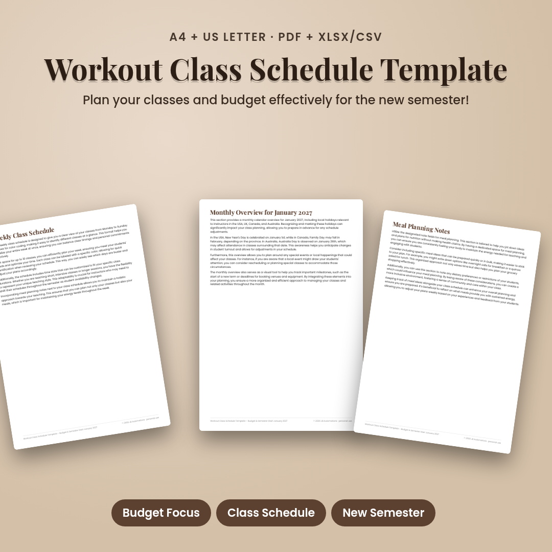 Workout Class Schedule Template – Budget &amp; Semester Start January 2027