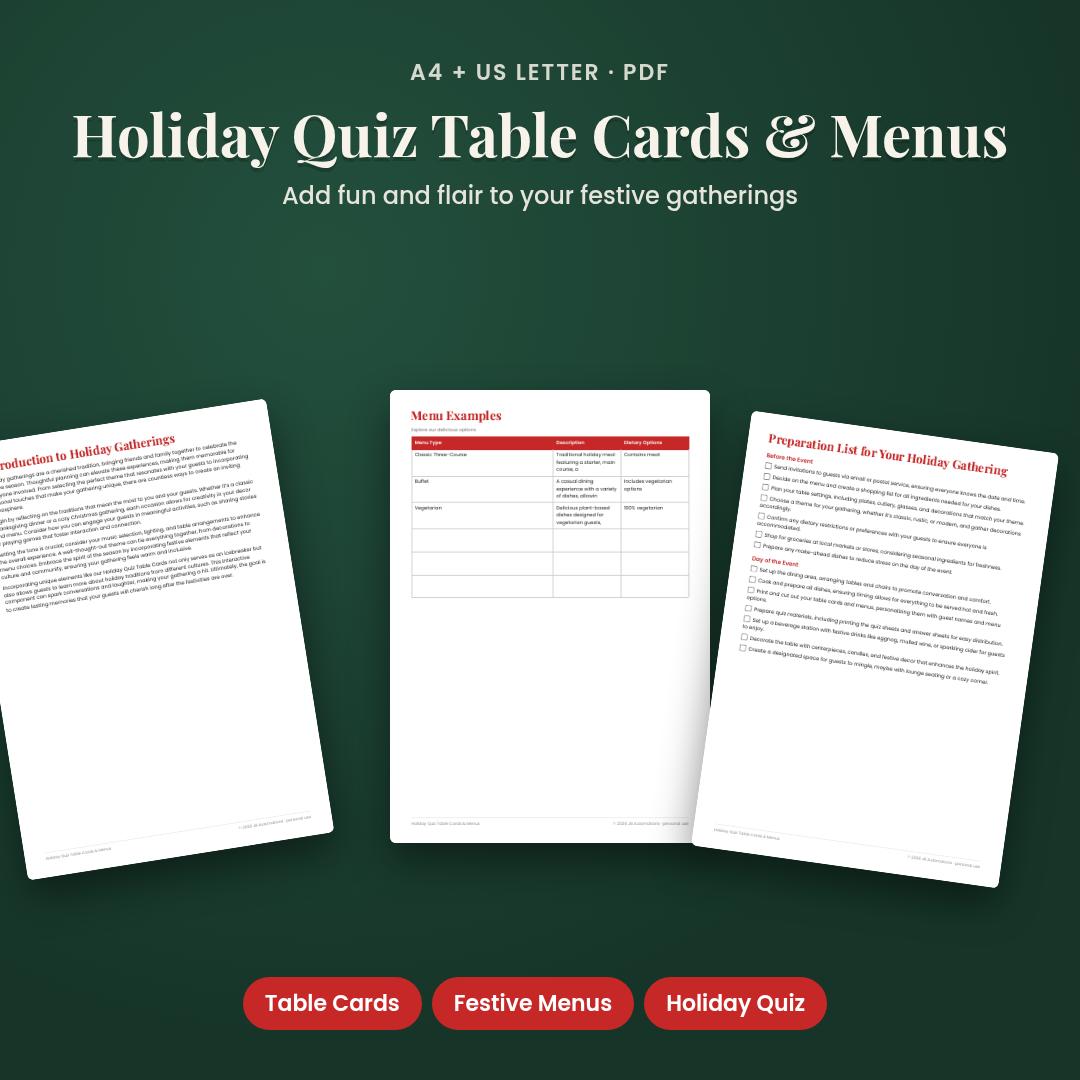 Holiday Quiz Table Cards & Menus