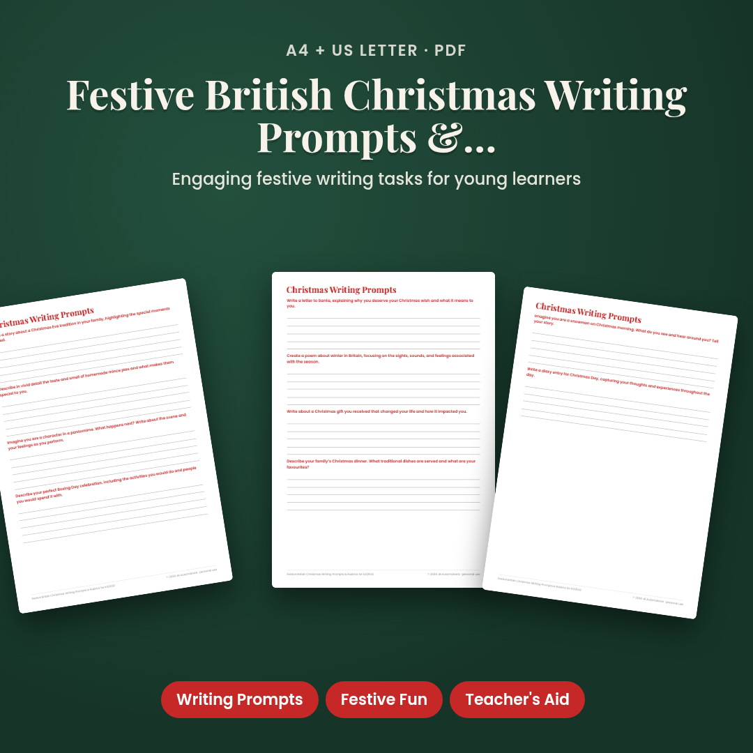 Festive British Christmas Writing Prompts & Rubrics for KS1/KS2