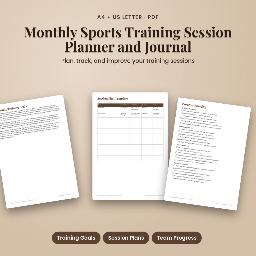 Monthly Sports Training Session Planner and Journal