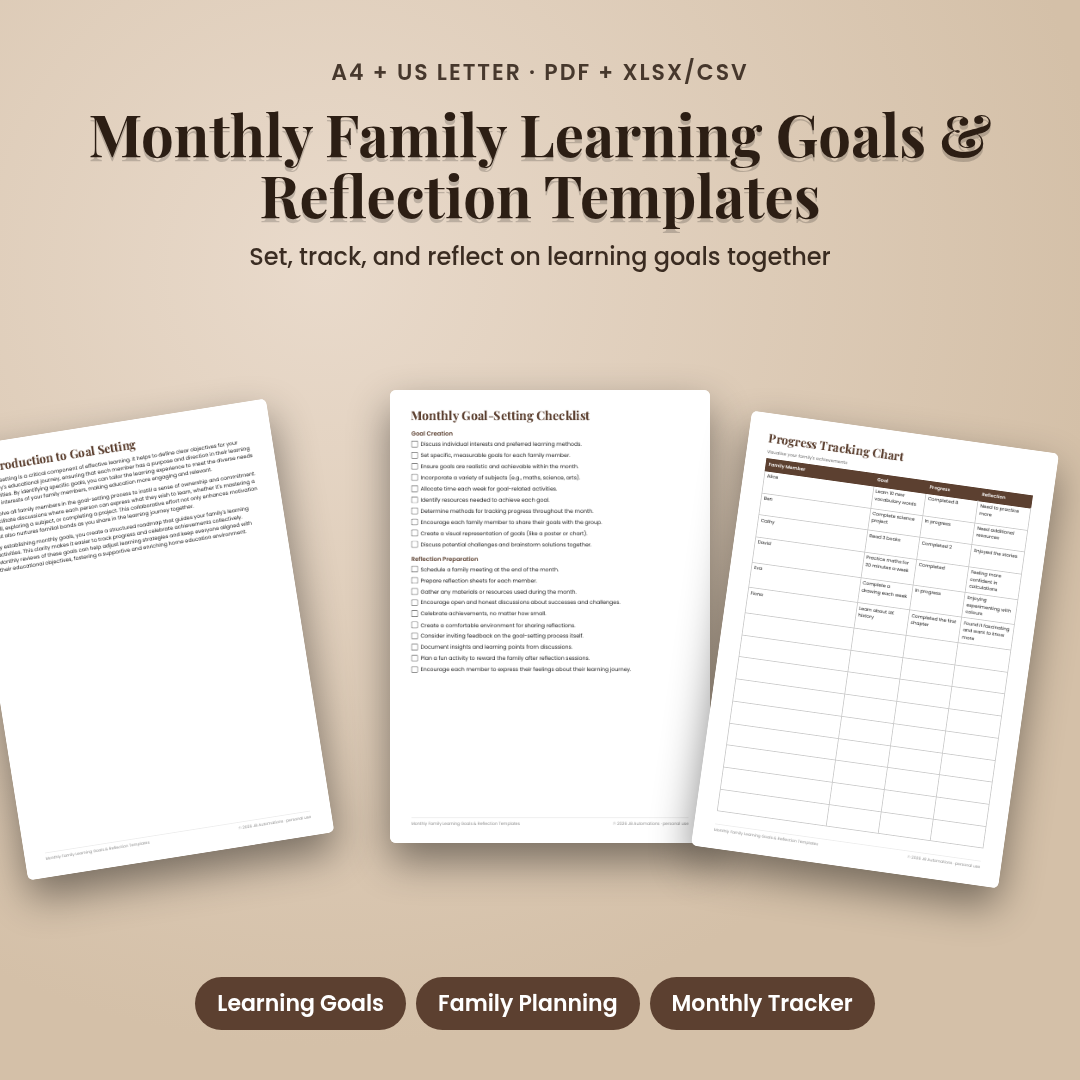Monthly Family Learning Goals & Reflection Templates