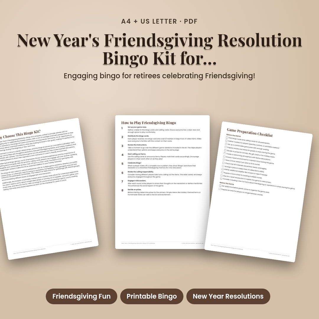 New Year's Friendsgiving Resolution Bingo Kit for Retirees