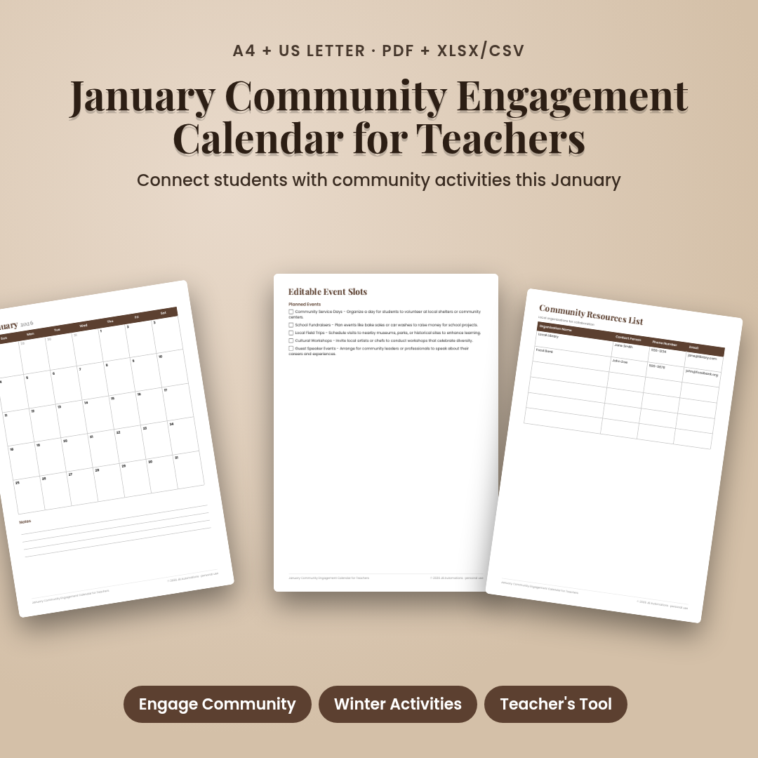 January Community Engagement Calendar for Teachers