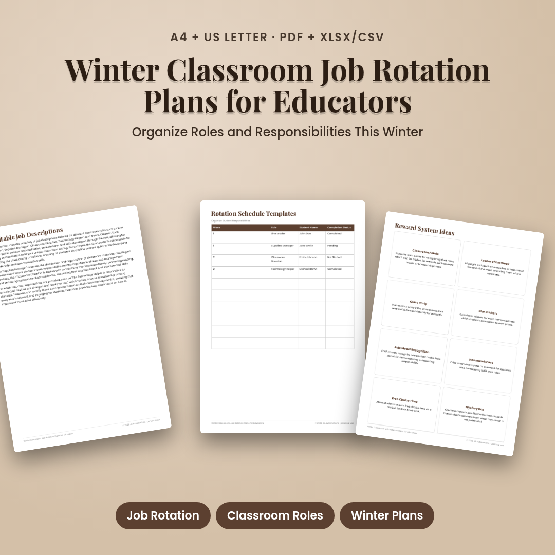 Winter Classroom Job Rotation Plans for Educators