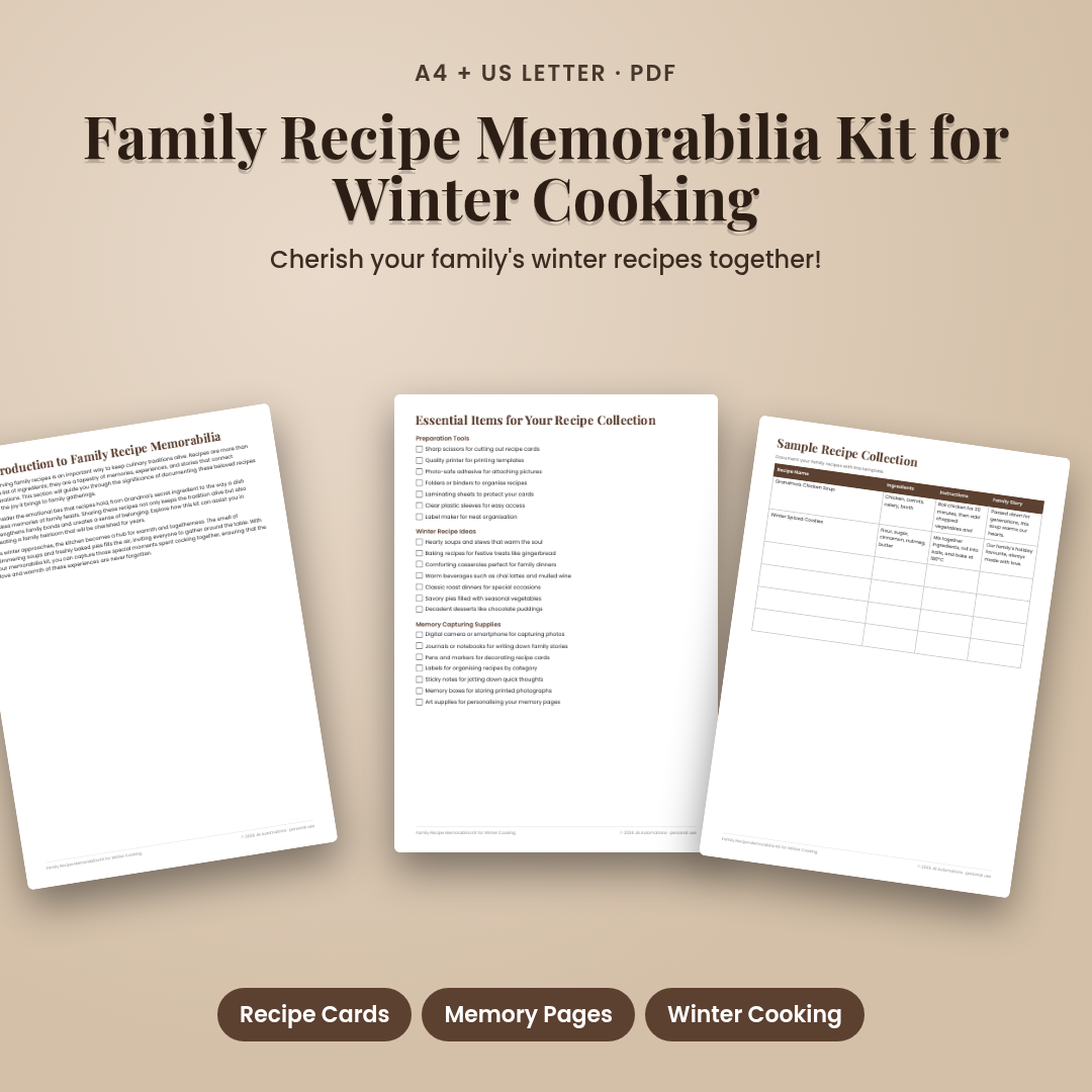Family Recipe Memorabilia Kit for Winter Cooking